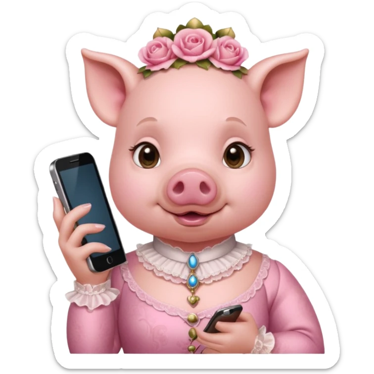 girl pig in victorian pink finery scrolling on an ornate cell phone sticker
