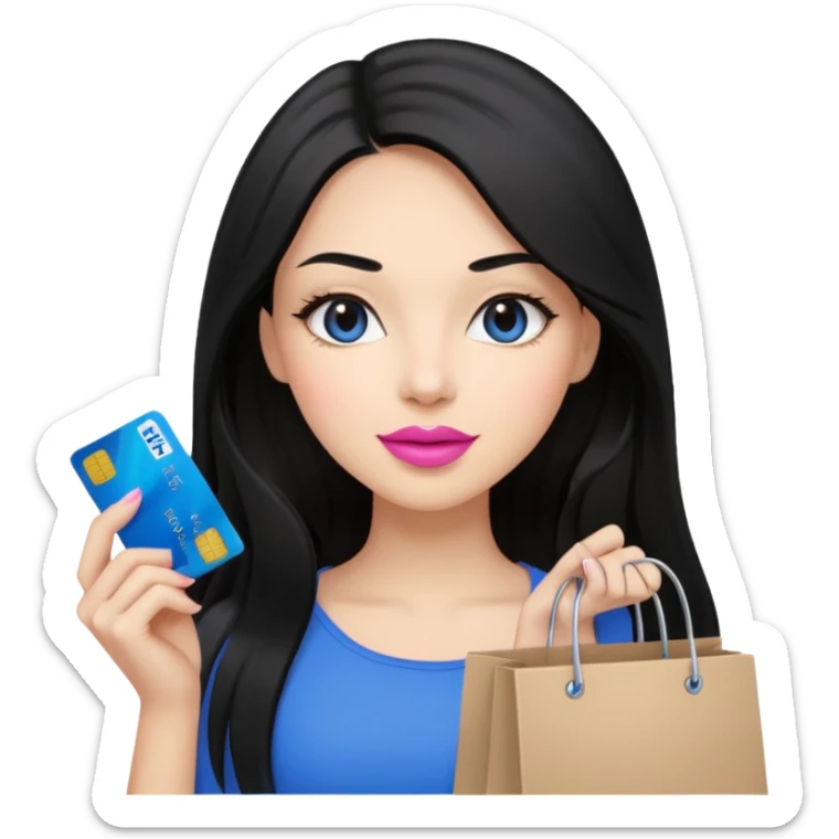 Girl with long black hair, pink lipstick, brown eyes holding shopping bags and blue credit card sticker