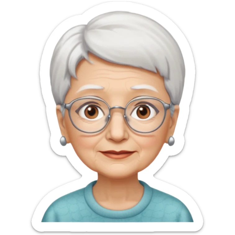 Create me emoji of an old lady. Short white hair to left side. Square glasses. Brown eyes. Rounded really big and long face. Wide nose sticker