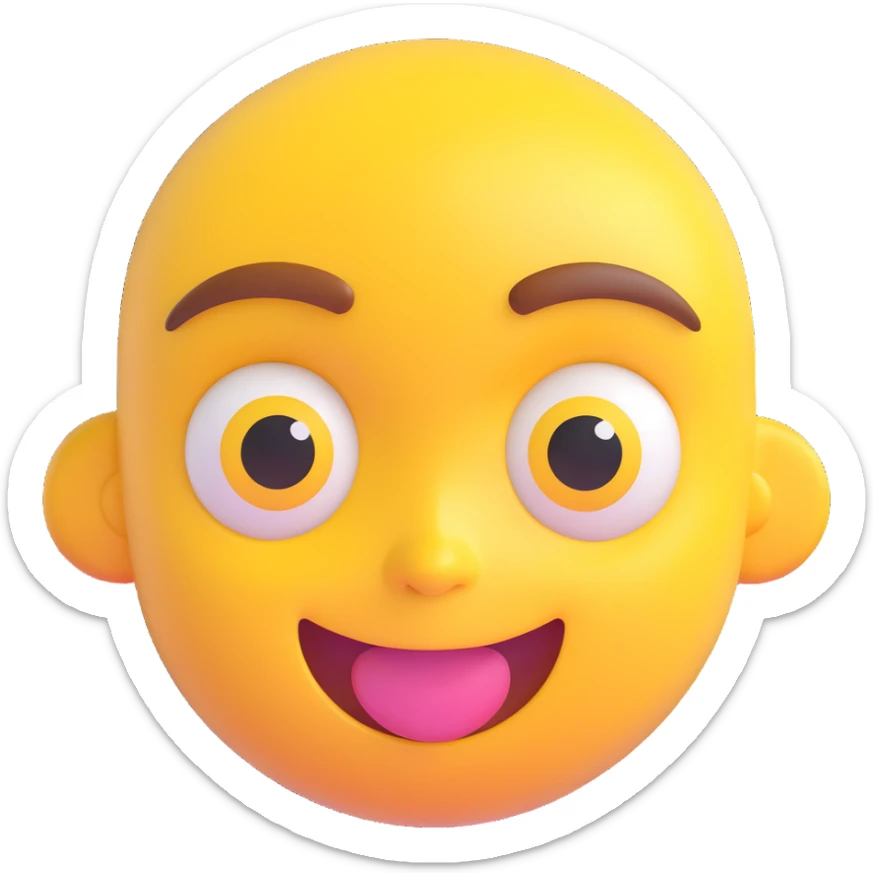 cute 3D cartoon emoji of a happy yellow face, big glossy eyes, open mouth smiling, shiny surface, raised eyebrows, isolated on transparent background sticker
