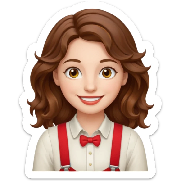 Woman with wavy brown hair and hazel eyes wearing red trouser suspenders  sticker