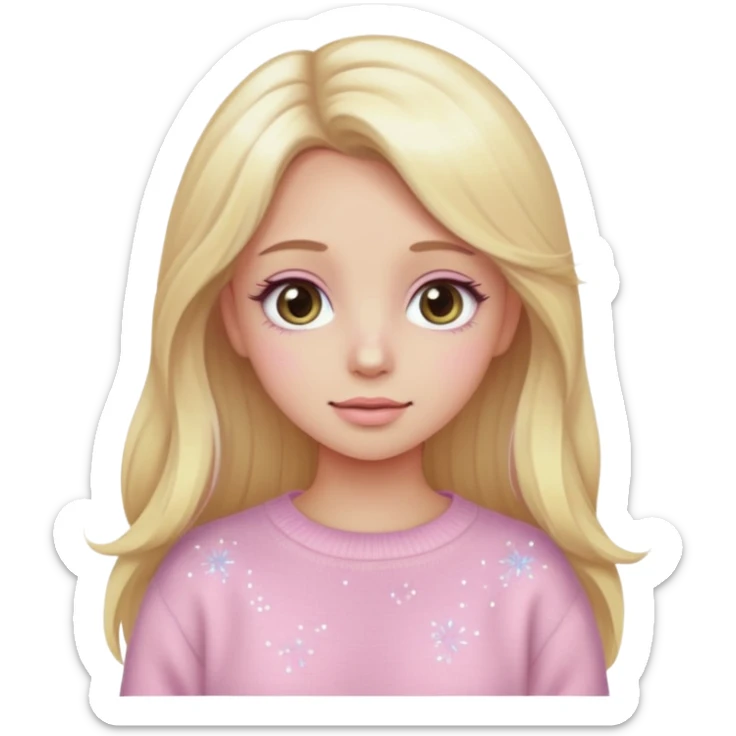 “Emoji girl, pastel pink blush, sparkly wide eyes,  oversized pastel sweater long blonde hair.” sticker