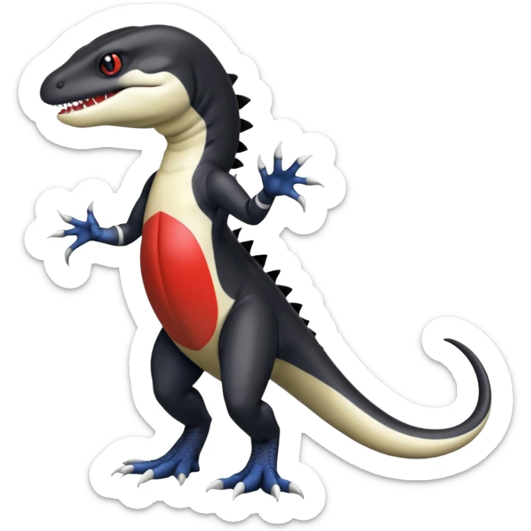 Black and white Orca-hybrid-reptile-reptilian-lizard-skink-gecko-Digimon-Fakémon-Pokémon-fusion-hybrid full body, two legs, two arms, claws, anthropomorphic, with red stripe sticker