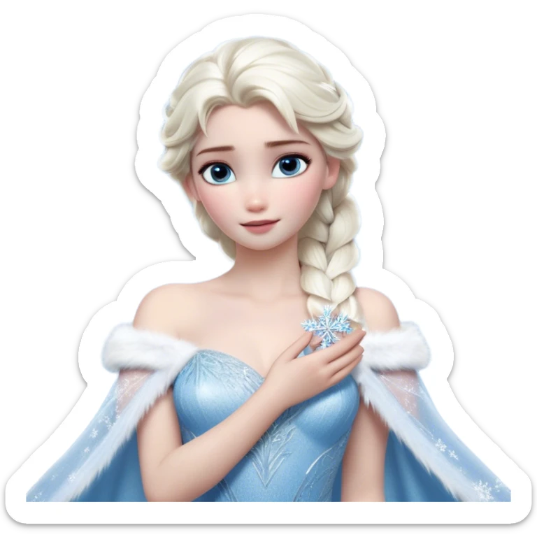 Cinematic Realistic Elsa Portrait, depicted with lifelike skin texture, soft natural lighting, and intricately detailed platinum blonde hair styled elegantly. Her striking, expressive blue eyes exude confidence and grace, complemented by a serene and regal expression. She holds a shimmering snowflake delicately in one hand, her other hand resting against her gown, embodying the power and beauty of winter. She is dressed in her signature icy attire, with shimmering fabric textures and delicate folds that catch the light beautifully. The portrait features a soft, enchanting glow with a cool, radiant finish, capturing the essence of timeless elegance in a realistic and painterly style. sticker