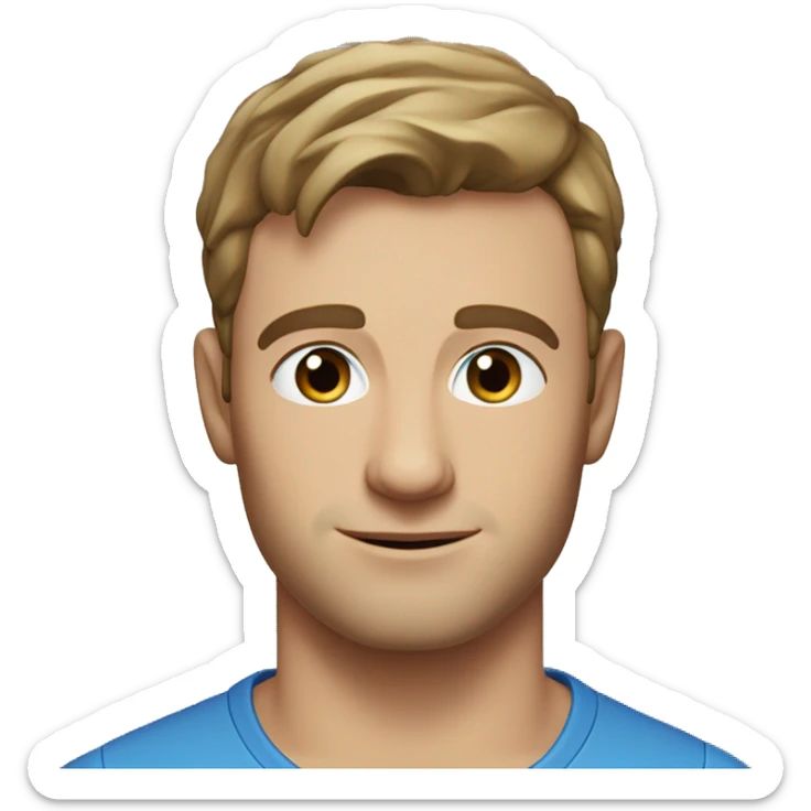 A head and shoulders shot of a 33 year old Caucasian man, with short brown hair,   with blue eyes wearing a t-shirt. sticker