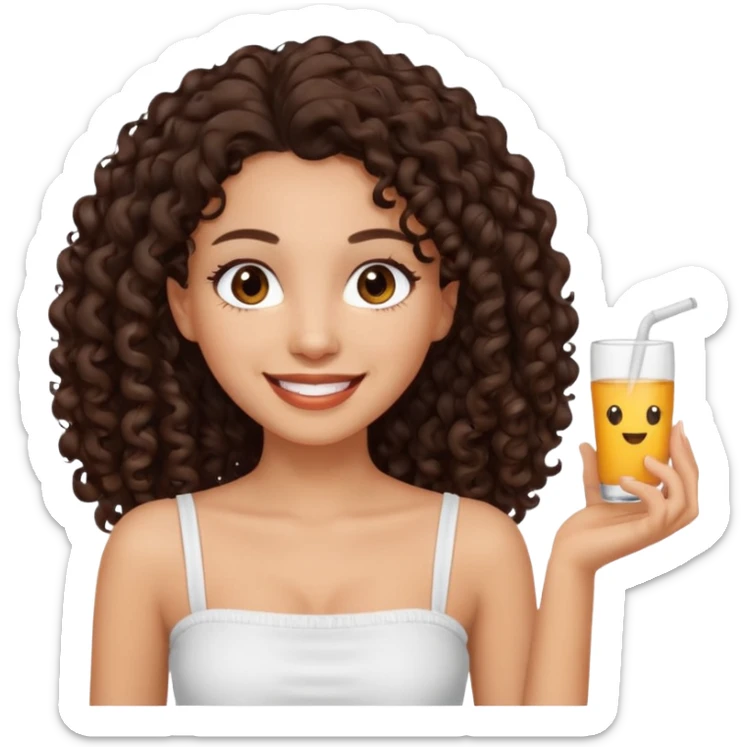 Woman with light skin and dark brown eyes and dark brown long curly hair and white tube top sticker