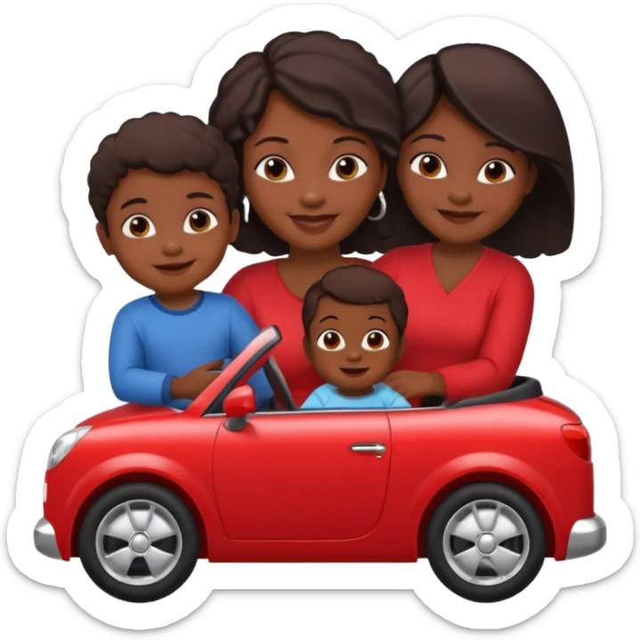 a single Dark Skin mom with two children, one young boy and a baby girl in a car red sticker