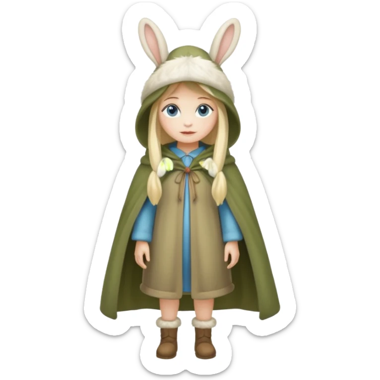 full body woman long blonde hair blue eyes white skin wearing rabbit hat and soft moss cloak sticker