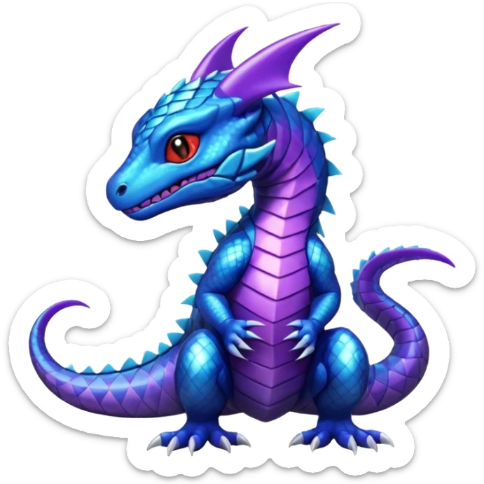 Cute Shiny striped iridescent cyan indigo blue violet Guilmon-Salandit-Fakémon-hybrid-creature (full body)  sticker