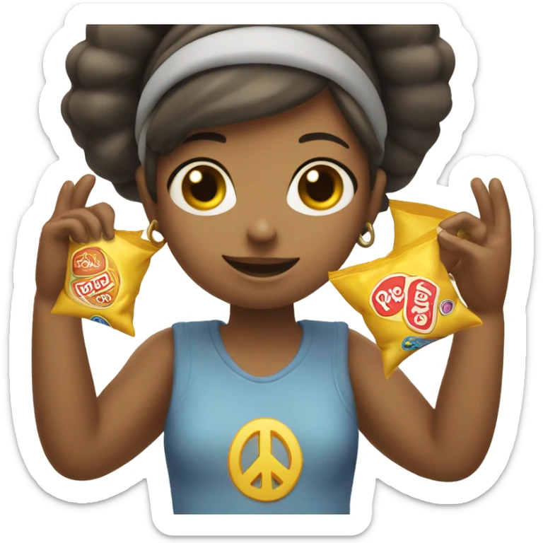 girl holding up peace sign with bag of chips on head sticker