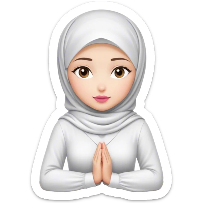 white hijab women are listening with her hands folded cross-over on the table. Her outfit is white. Her lips color is pink. sticker