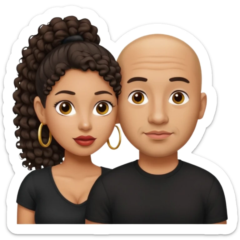 A picture of a tanned couple. the man is a Mexican man with tanned skin, a bald hair cut, short shaved beard and wearing a black shirt. the woman is mixed, with curly medium length hair in a pony tail, with big boobs and lips  sticker