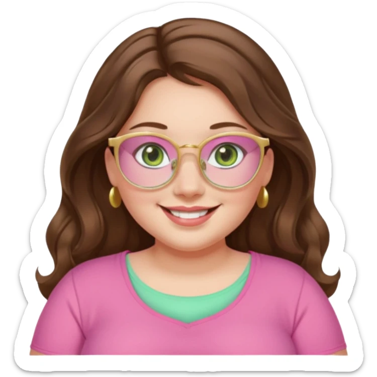 Girl girl long wavy brown hair with middle part, pale green eyes, plus size, pink girly top, gold rimmed glasses sticker