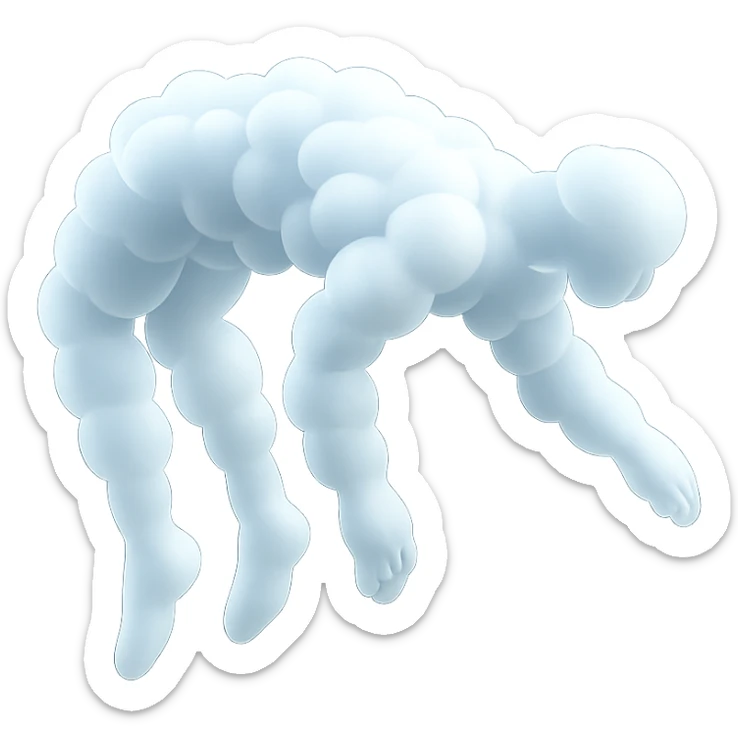 side view of unconscious person flying upwards by torso, legs and arms downwards, made of small very bright white fluffy convex clouds, matte glass style sticker