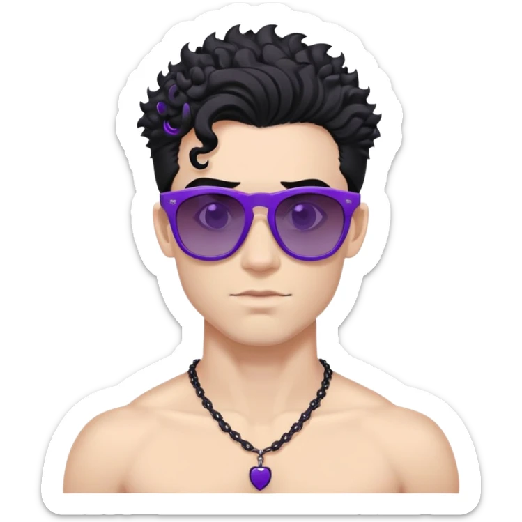 shirtless male athlete with white skin and moderately curly black hair on top with shaved sides, wearing purple sunglasses with black tinted lenses and a plain black chain necklace without pendant sticker