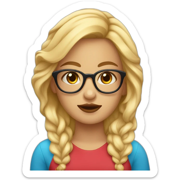 chica rubia con pelo largo ondulado, ojos azules, labios rojos y gafas negras sticker