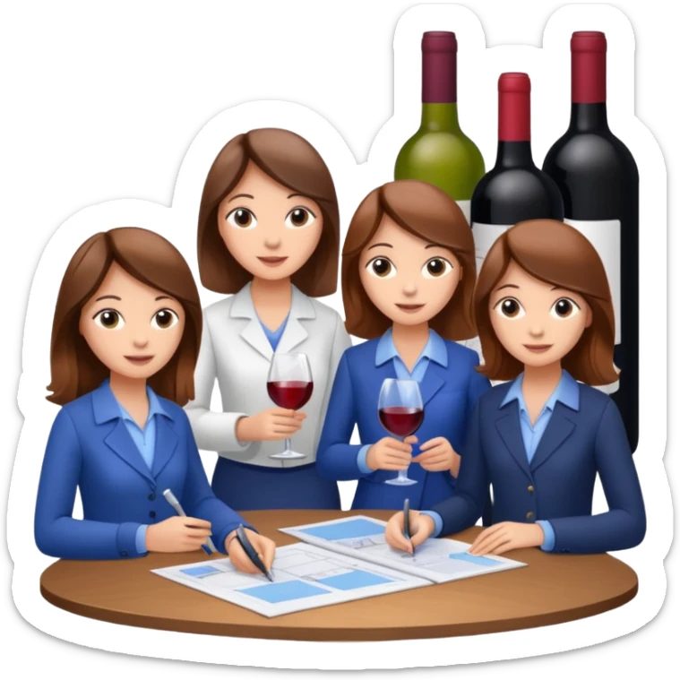 Make a photo of 5 project managers, specifically 3 girls with brown hair and 2 boys, that are making project for improvement of the winery sticker
