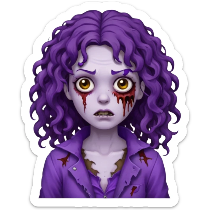 Zombie woman with curly, dark brown long hair (not thick or voluminous) wearing a ruined purple outfit.  sticker