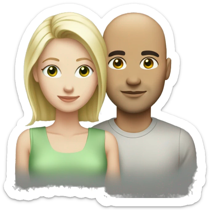 Loving white couple. Male = bald, 35, white, light green eyes. Female = blonde highlights, light green eyes sticker