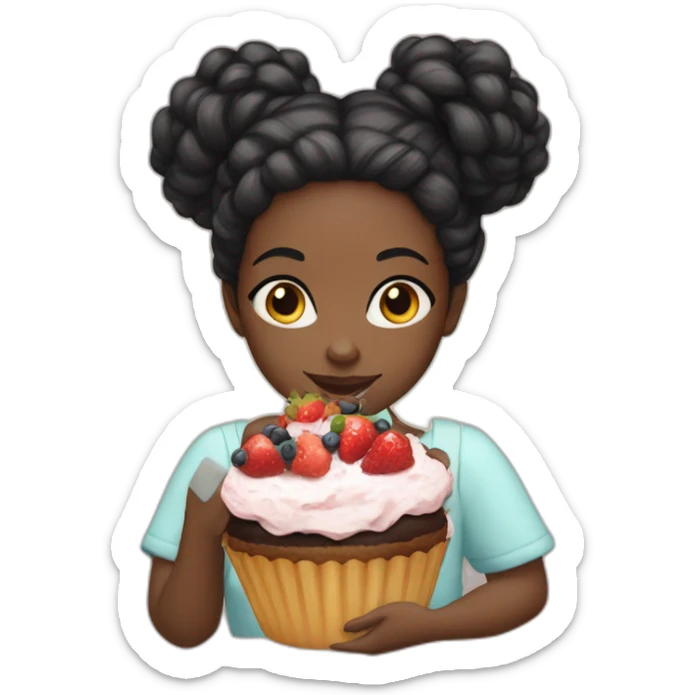A black girl, black hair in a bun, eat cake separate fruits sticker
