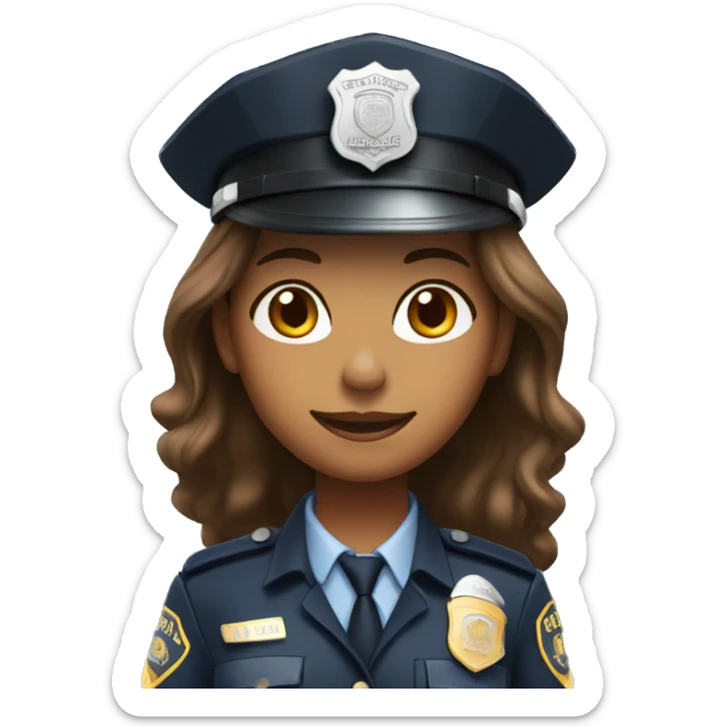 A police woman, brown skin., long hair, happy, with police hat sticker