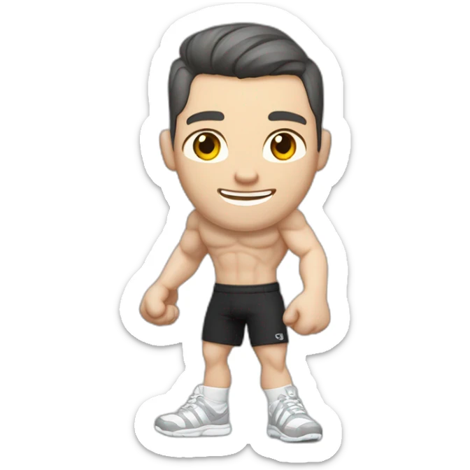 Pale skinned Fit Man With the biceps and dark brown hair in black shirt, gray sports shorts and white Sneakers Relies on the crossbar sticker