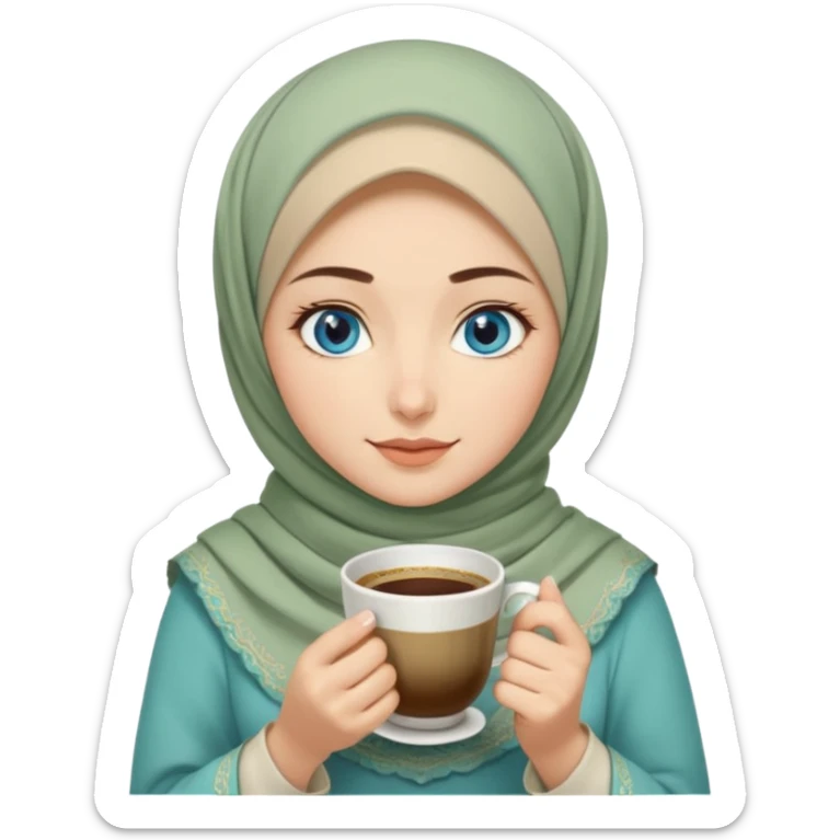 Turkish beautiful finish Konya girl blue eyes with beige and light green hijab islamic dress and had on her hand Turkish coffee sticker