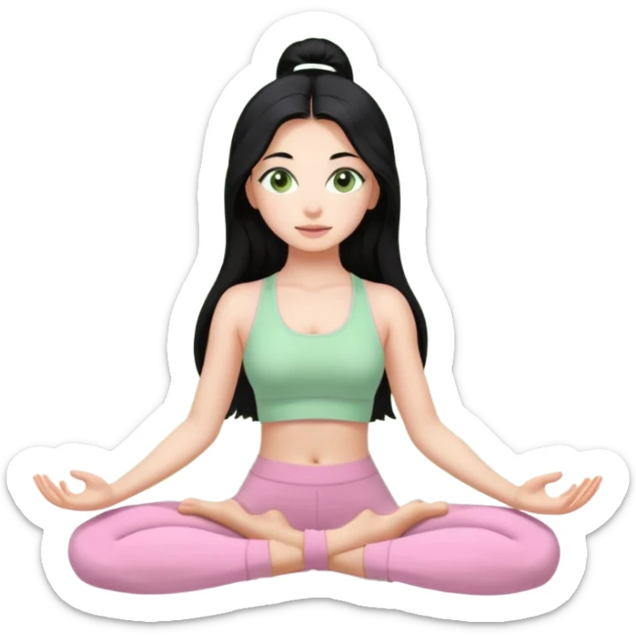 Girl with super long black hair with light green eyes doing yoga with light pink clothes sticker