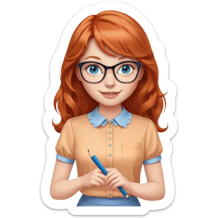 redheaded woman with long wavy hair and bangs, blue eyes, clear cat-eye glasses, short-sleeve apricot blouse, pencil skirt, holding a pencil, smiling sticker