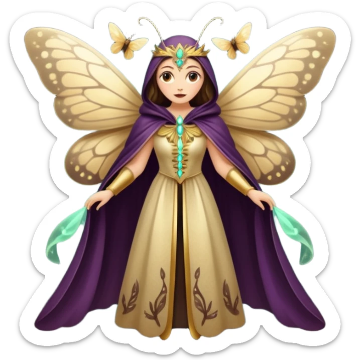 mystical woodland woman dressed as moth queen, velvet wing cloak, glowing dust sticker