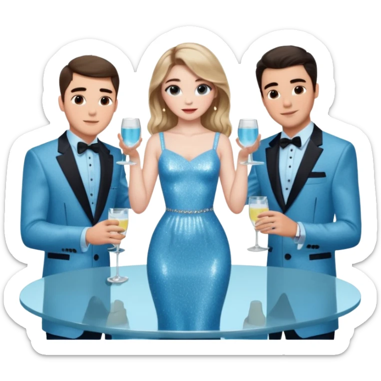 Sabrina’s carpenter in a light blue sparkly dress at a table with 3 handsome men facing each other and she is standing up putting her hand out. There are drinks on the table  sticker