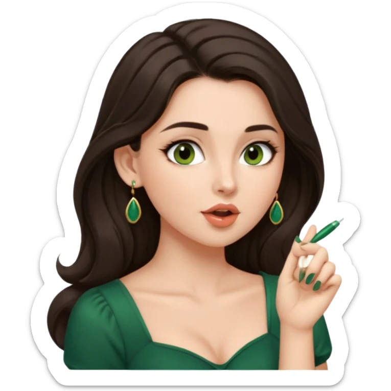 pretty bratz genmoji that looks like tamannah bhatia (bollywood actress), wearing a dark green sweetheart neckline top, dark brown hair, light makeup, no necklace, dangly earrings, SIDE hair part, fair. dark brown eyes, long hair

Show her licking her finger  sticker
