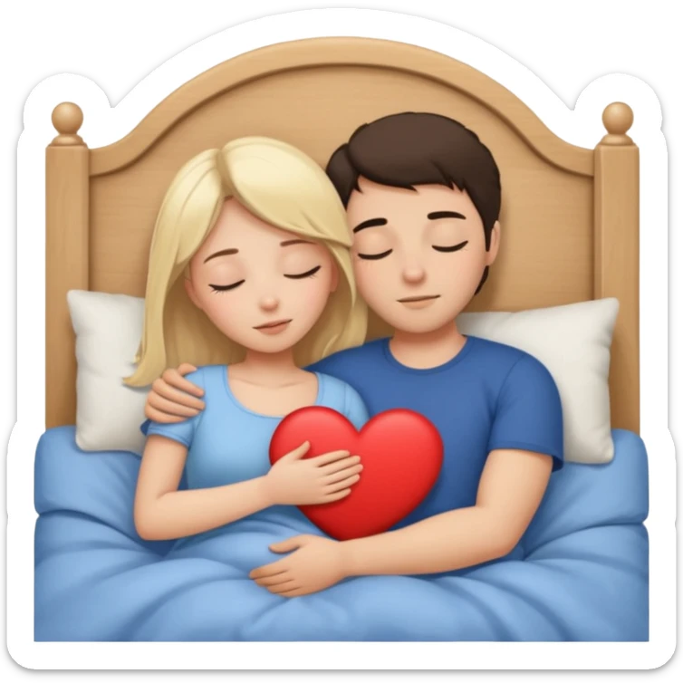 cuddling in bed, asleep. blonde girl. brunette man. eyes closed. heart between them. no headboard sticker