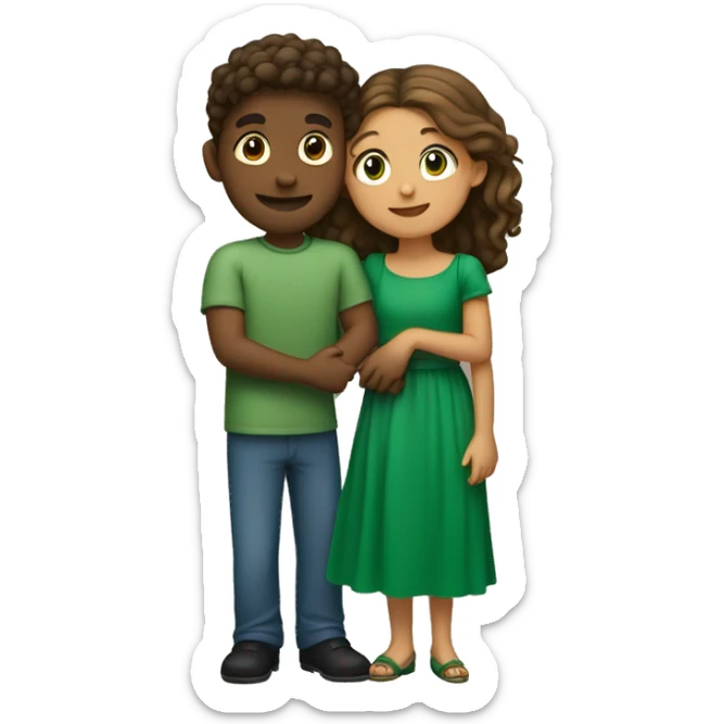 Crete an emoji a couple (boy with green dress, girl with red dress) hugging each other sticker