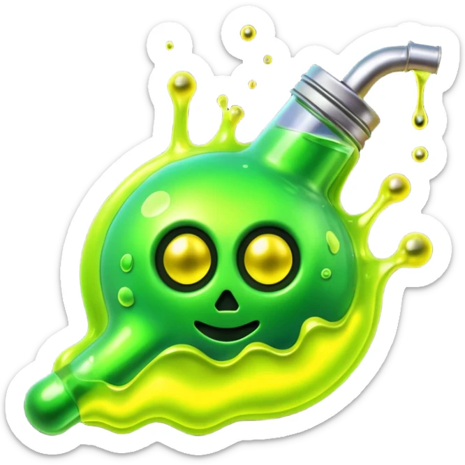 3D render of Oil Slick, toxic waste aesthetic, neon green bubbling liquid, caution yellow metal, industrial warning texture. sticker