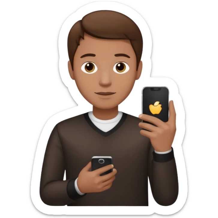 memoji of a man with a phone in front, apple-style,modern,brown hair light skin ton sticker