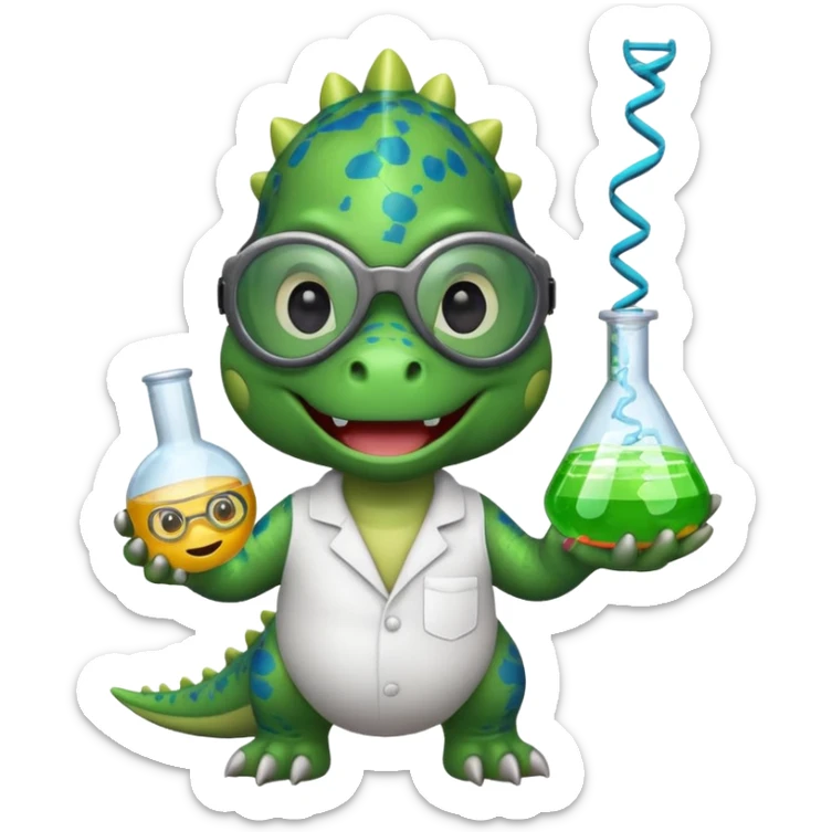 cheerful dino wearing safety goggles, holding a DNA strand and a flask, emoji style sticker