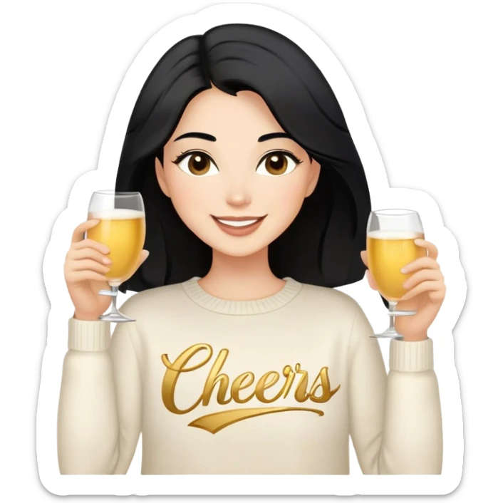 A woman with longer black hair, light to medium skin tone, full cheeks, and almond-shaped eyes, wearing a simple white sweater with the word 'cheers' in gold script, joyful and radiant expression, cheerful. sticker