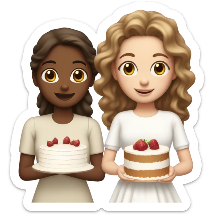 Girl with wavy hair and girl with brown straight hair together holding big white cake sticker