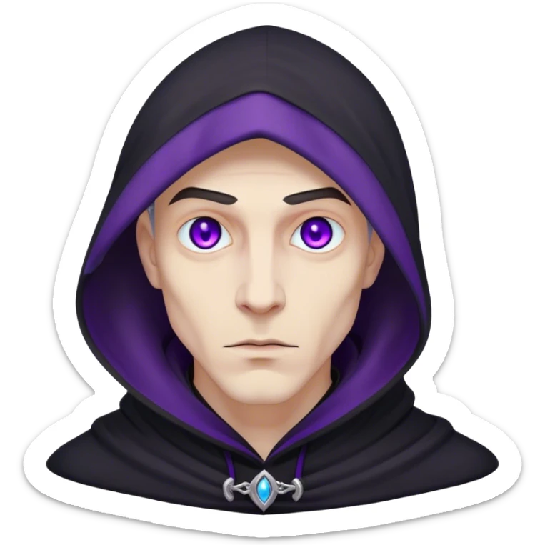 A pale sorcerer in a flowing black hood, his eerie violet eyes locked onto the viewer sticker