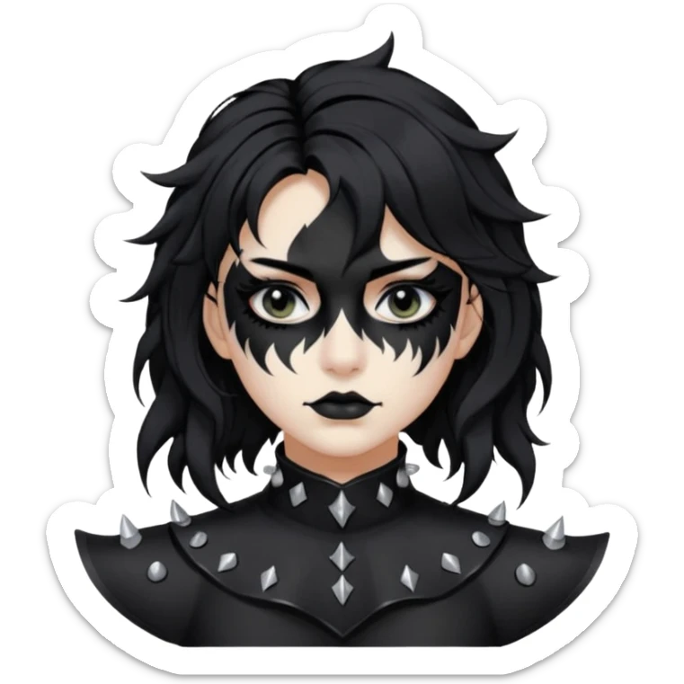 Crea una ragazza con stile black metal,  paint face black metal, capelli neri, mossi dalle spalle e occhi bianchi e un collare con borchie a punta sticker