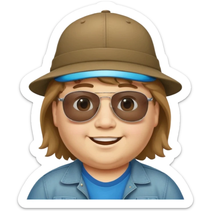 a very fat 16 year old boy who has light brown hair and a mullet and wearing a hat with upside down sunglasses on top of the hat sticker