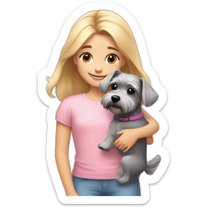 A seven-year-old girl with blonde hair and brown eyes in a light pink T-shirt and rainbow leggings hugs a gray miniature Schnauzer dog sticker