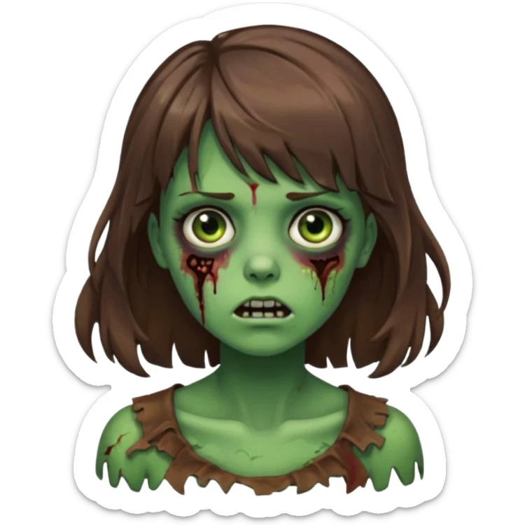 Uma menina zombie com um cabelo ondulado médio, com a franja pro lado direito, o cabelo com cor castanho com a cor de pele verde  sticker