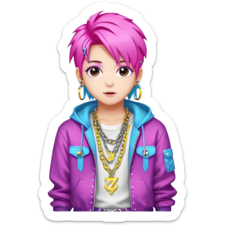  portrait-of-young-ghost-idol-in-kpop-style,-wearing-flashy-streetwear-outfit,-colorful-dyed-hair,-confident-pose,-accessorized-with-chains- sticker