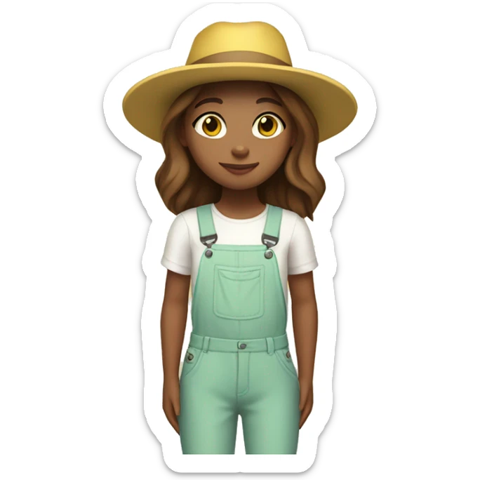 white skin, Girl with a flower in her hand, with a hat, shoulder-length brown straight hair, wearing a yellow pastel jumpsuit with white shirt in it sticker