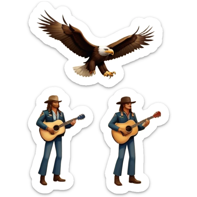 Icon for Country Music: Eagles band representation with classic acoustic guitars, a desert road, and an eagle soaring in the sky. Subtle vintage Americana aesthetics with warm tones, evoking the band's signature sound. Transparent background. sticker