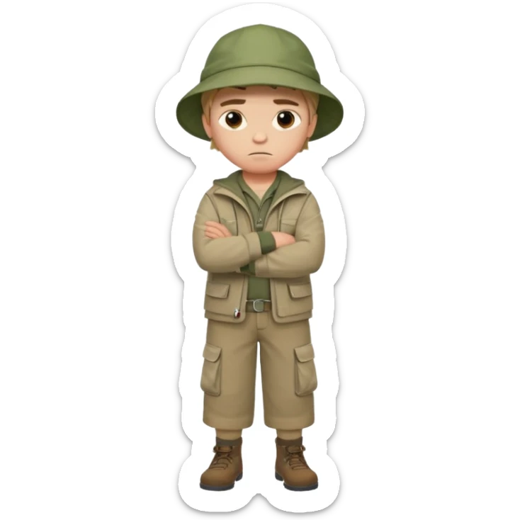 A boy with crossed arms, looking annoyed, dressed in fishing clothes full body sticker