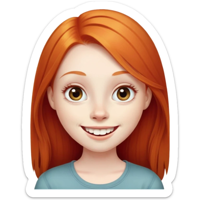 traditional emoji of young girl with very pale skin, long straight bright ginger red hair, very big wide human eyes, wide nose, big smile with extremely large prominent teeth showing, classic round face sticker
