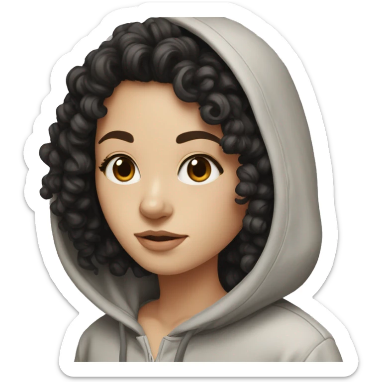 white girl with black curly hair and brown eyes in hoodie sticker
